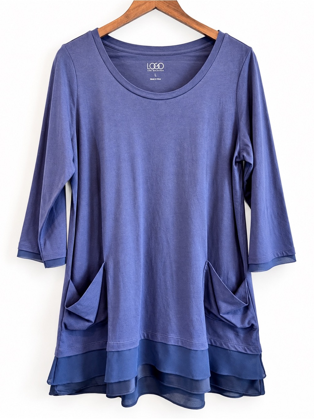 LOGO Lori Goldstein L Blue Tunic Top Mixed Media Chiffon Hem Pockets Artsy K40